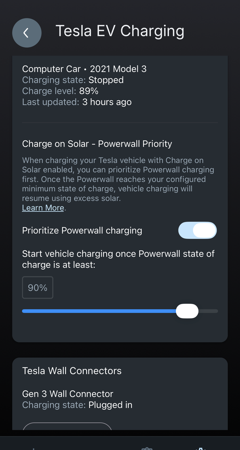 NetZero app showing Powerwall priority set to 90% before EV charging begins